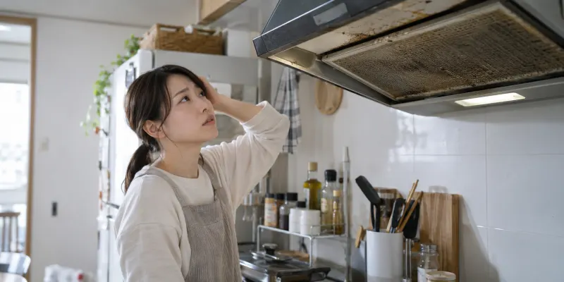 汚れたレンジフードを見て困っている女性
