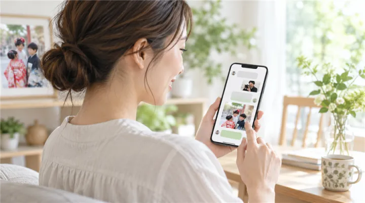 スマートフォンでフォトグラファーとやり取りする保護者