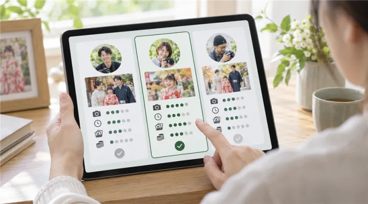 タブレットで複数のフォトグラファーを見比べる様子