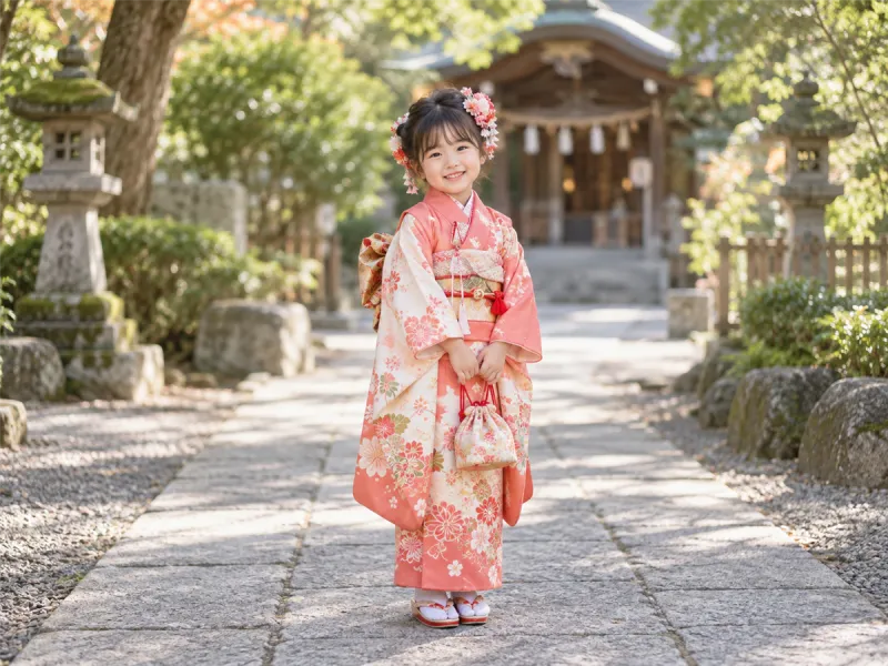 参道に立つ晴れ着姿の女の子