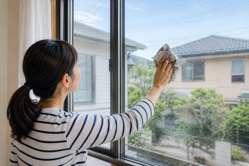 古新聞で窓の油膜取り