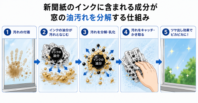 新聞紙のインクに含まれる成分が窓の油汚れを分解する仕組み