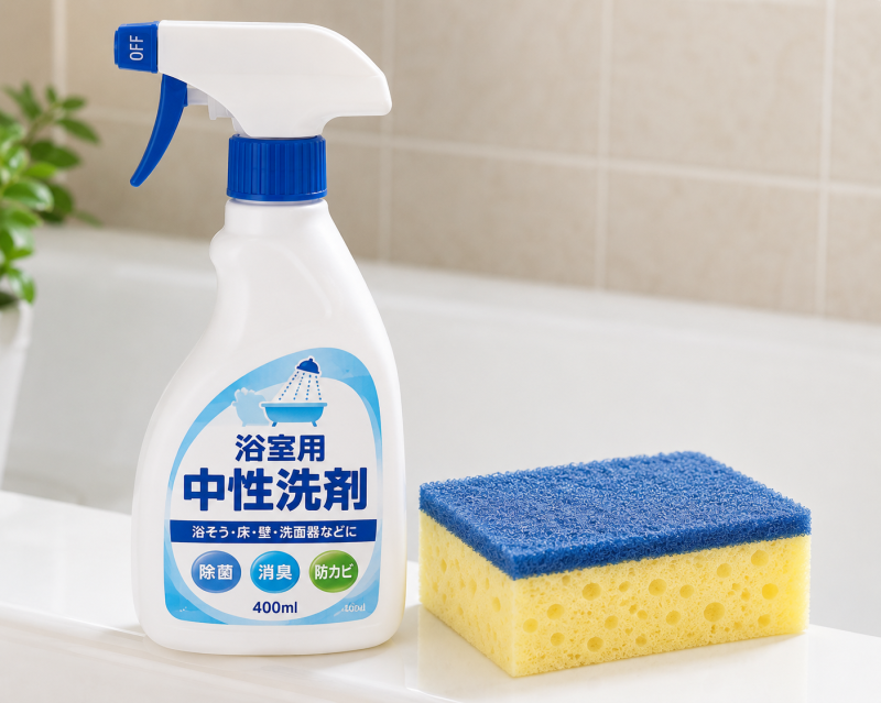 浴室用の中性洗剤とスポンジ