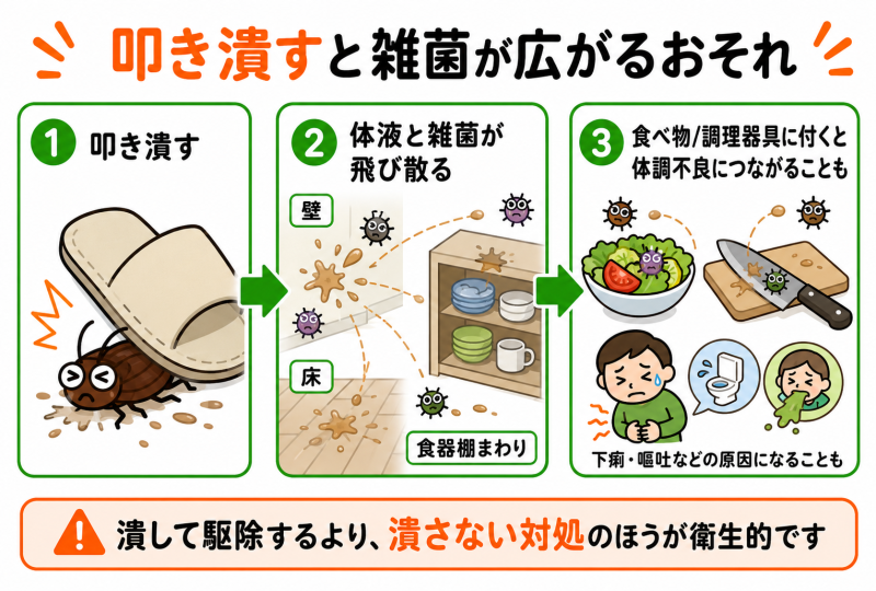 ゴキブリをたたき潰すと雑菌が広がるおそれ