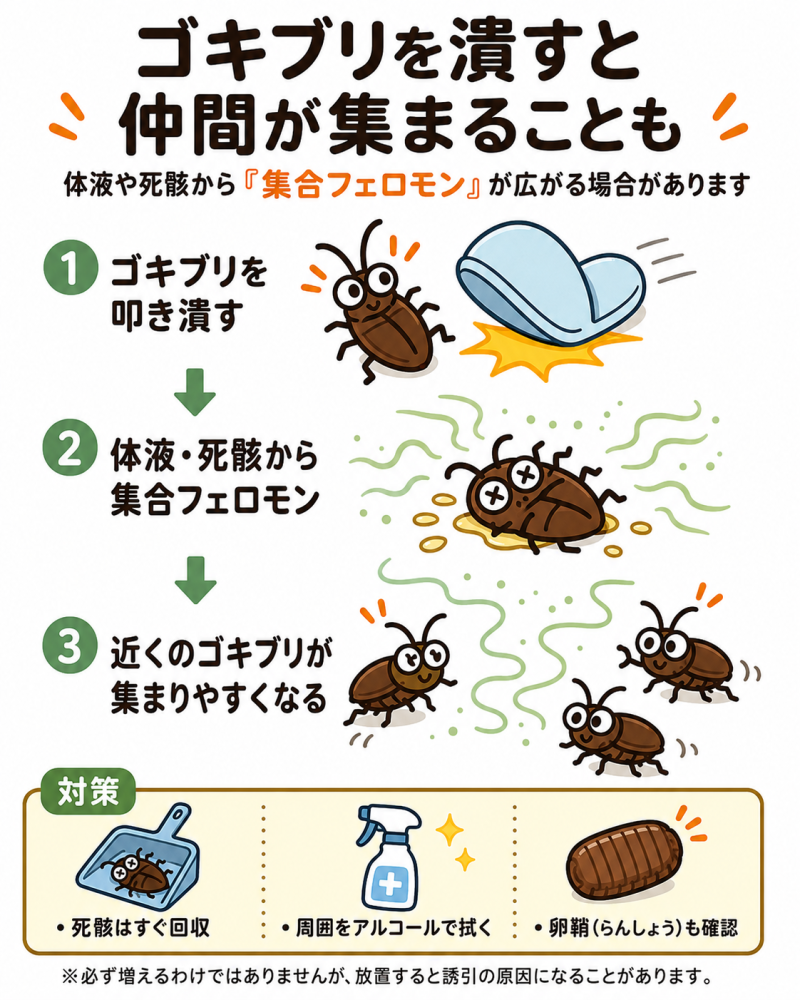 ゴキブリを潰すと仲間が集まることがある