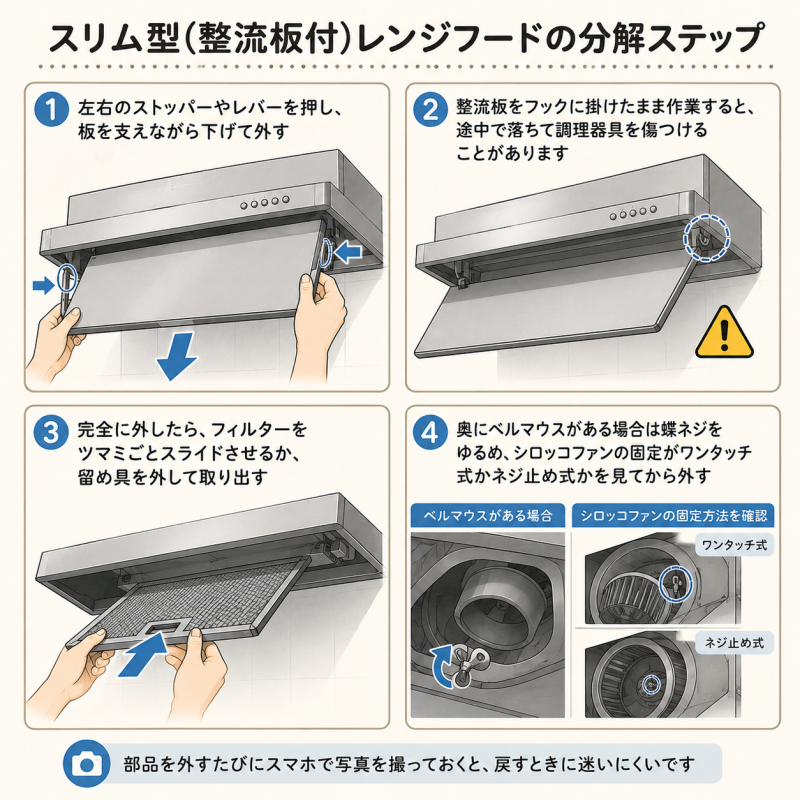 スリム型のレンジフードの分解ステップ