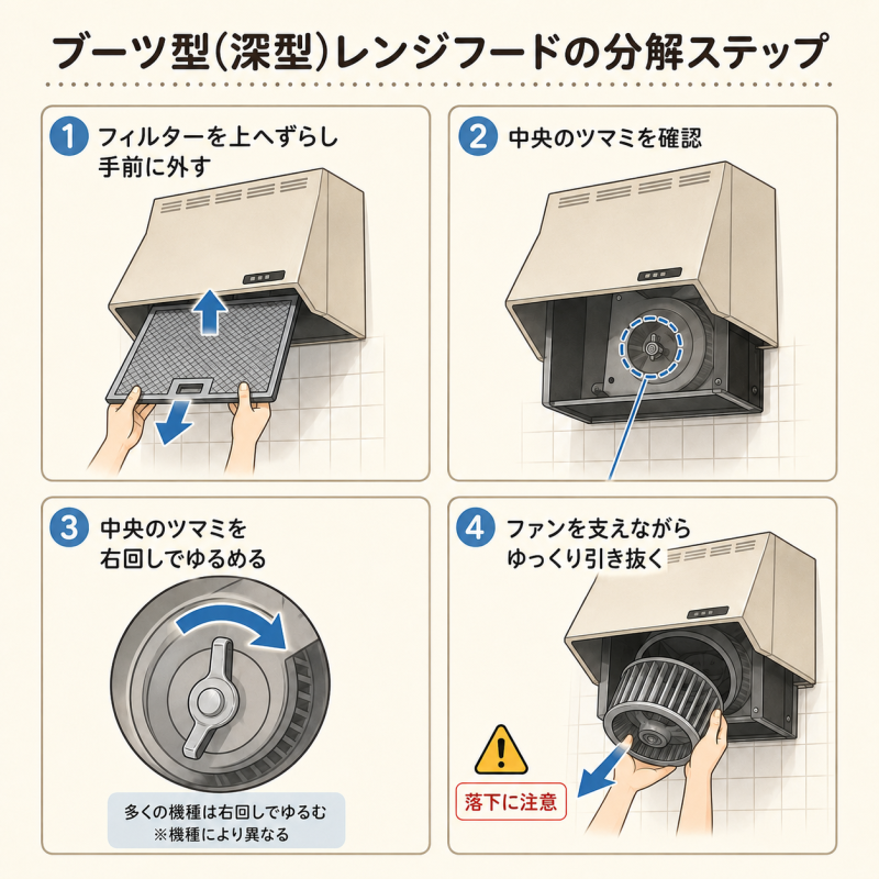 ブーツ型のレンジフードの分解ステップ