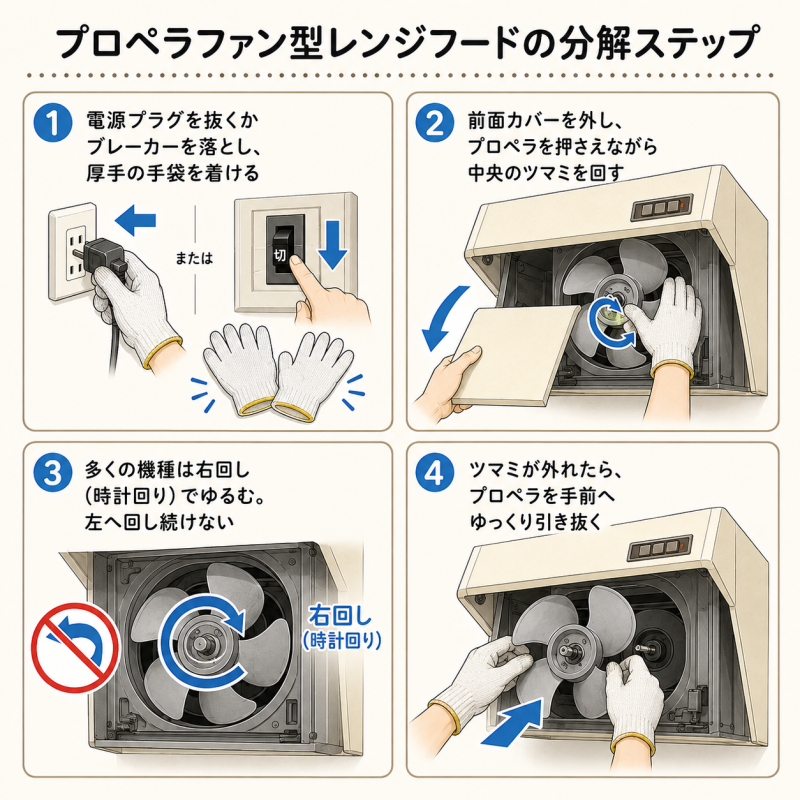 プロペラファン型のレンジフードの分解ステップ