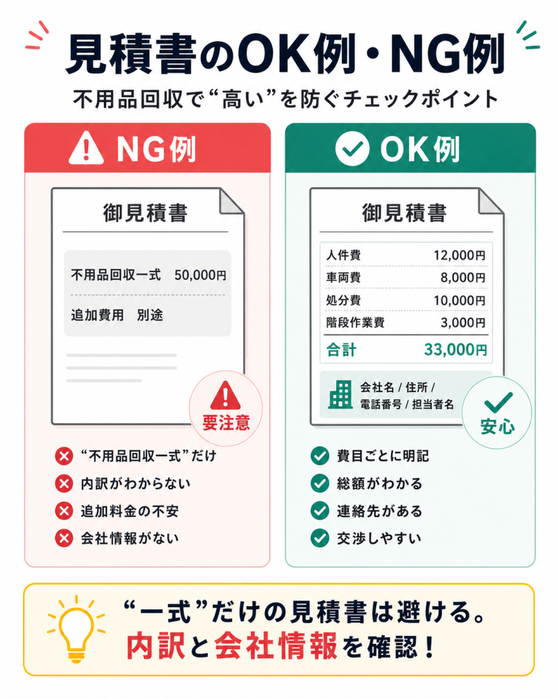 不用品回収の見積書のOK例とNG例