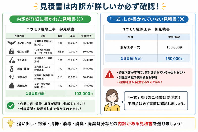 コウモリ駆除の見積書の詳細な内訳