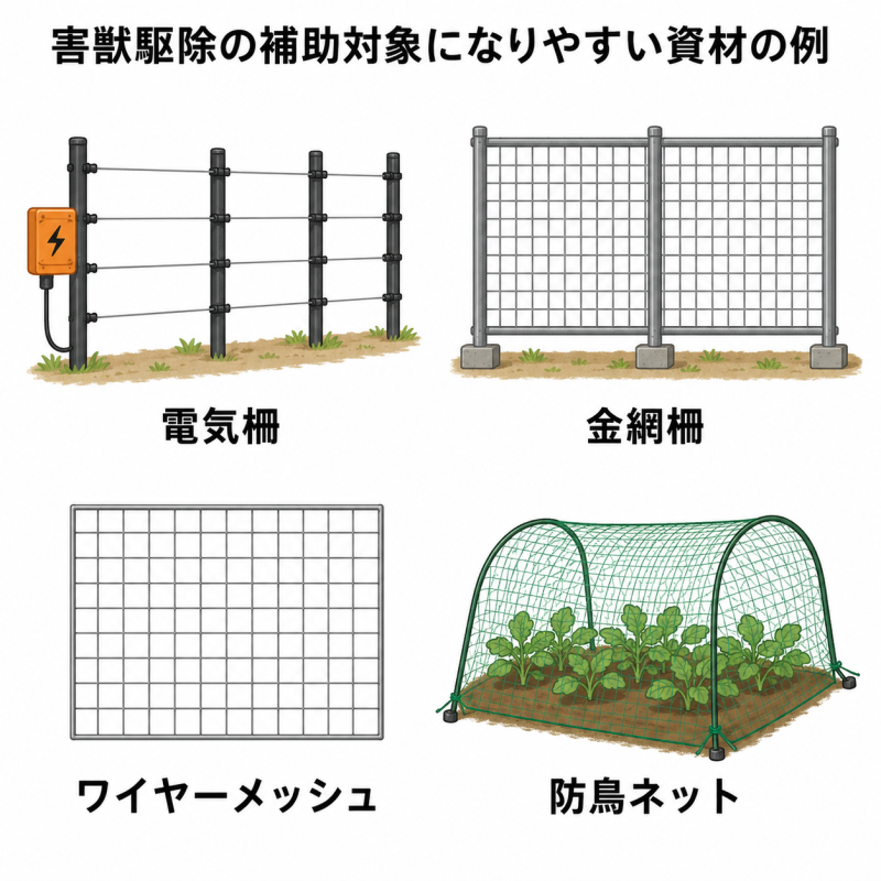 害獣駆除の補助対象になりやすい資材の例