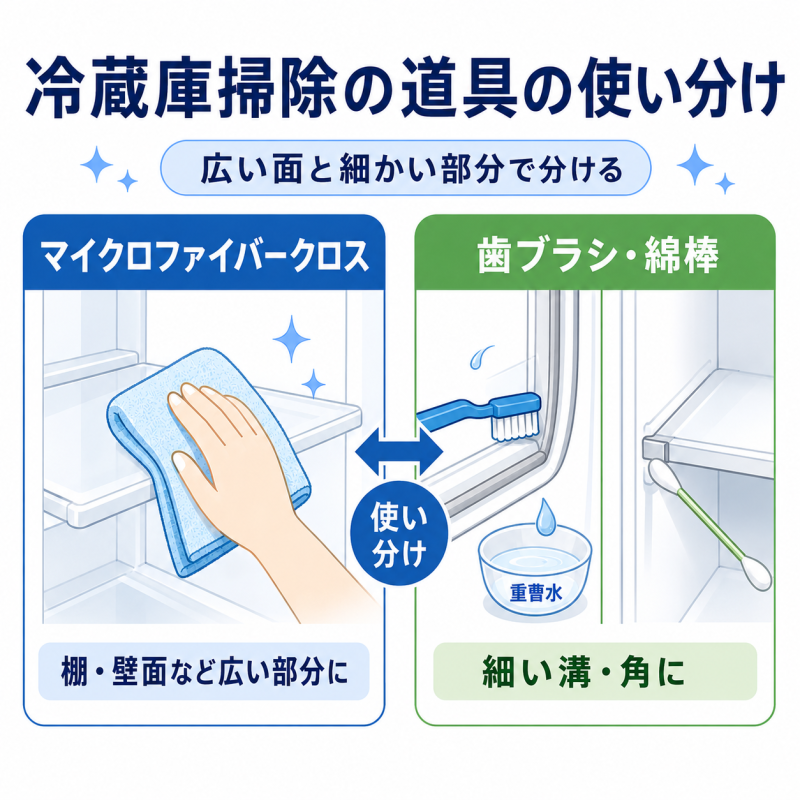 冷蔵庫掃除における道具の使い分け