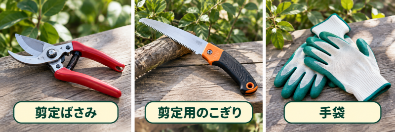 剪定ばさみと剪定用のこぎりと手袋