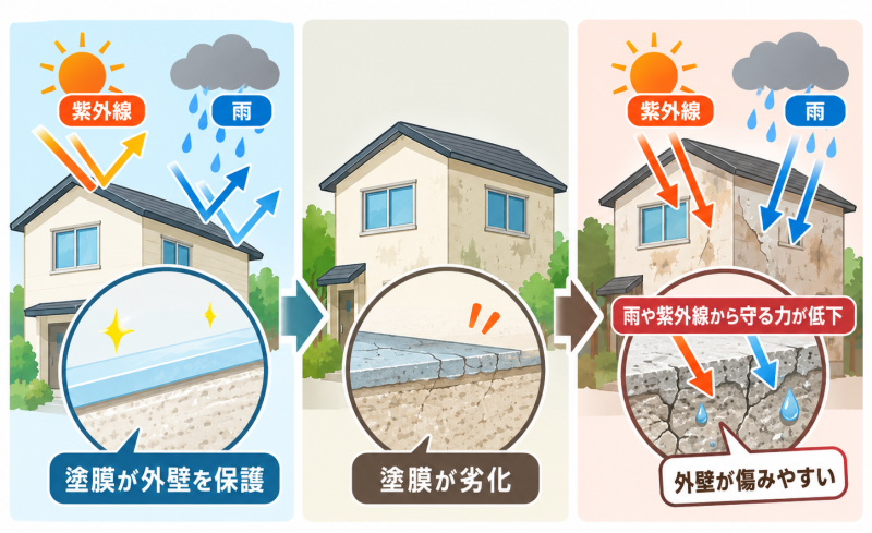 塗膜の防水性が低下する